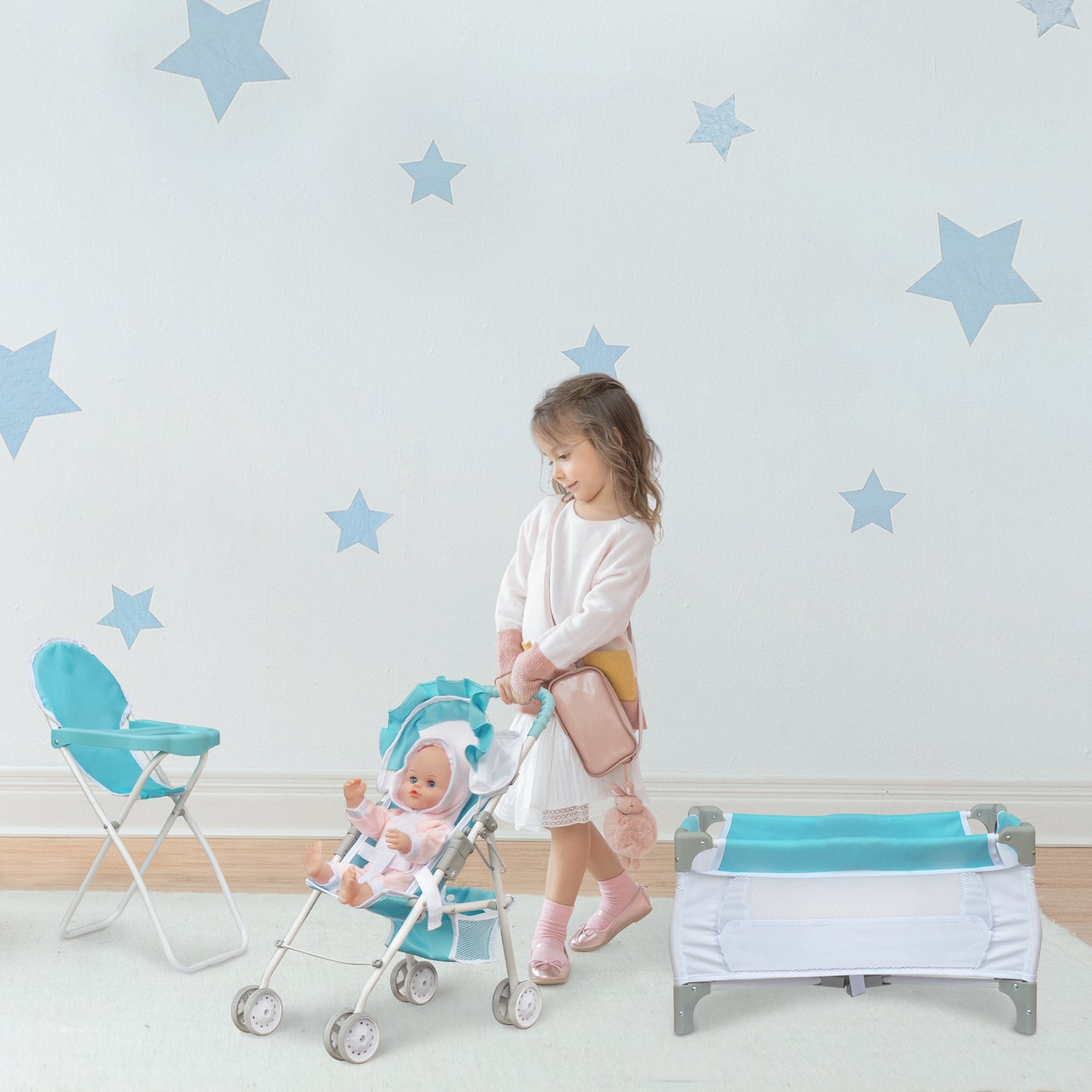 Olivia's Little World Blue Doll Pram, Cot & Chair