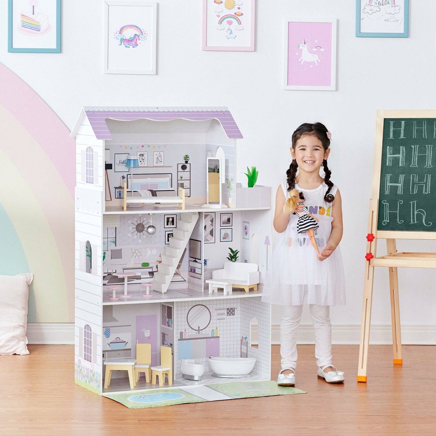 Olivia's Little World Wooden Dolls House & 16 Pcs