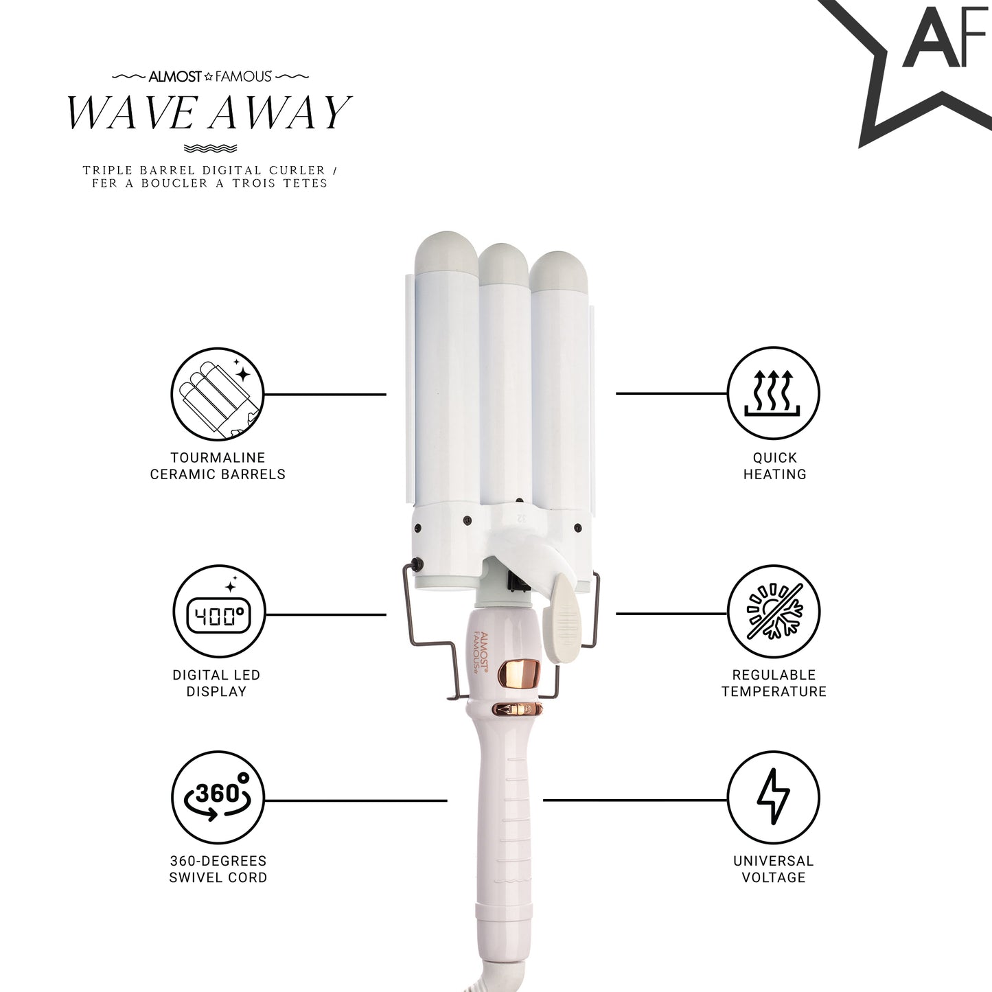 Dụng cụ uốn sóng ba thùng Wave Away với thùng gốm Tourmaline 