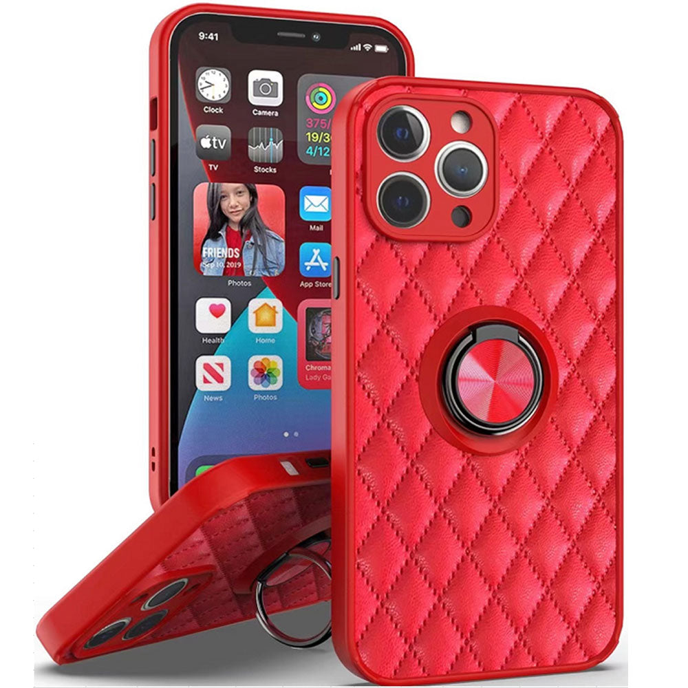 Quilted PU Leather Shockproof Ring Stand Case for iPhone 13 Pro Max