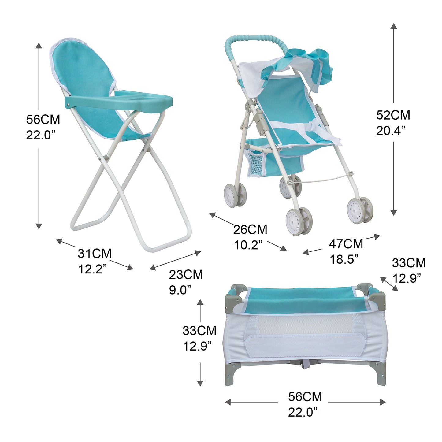 Olivia's Little World Blue Doll Pram, Cot & Chair
